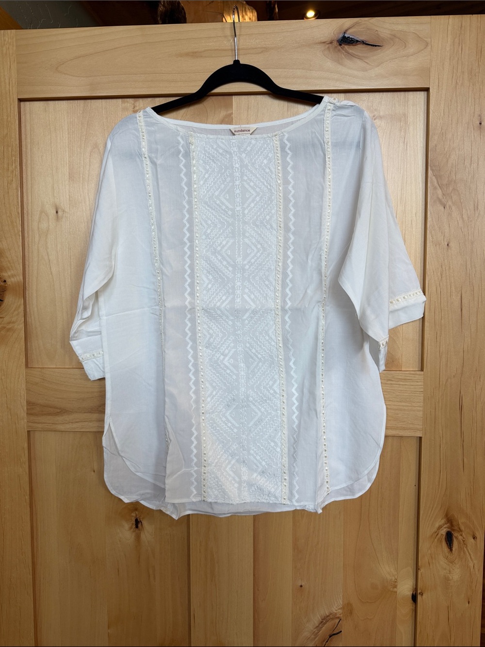 Sundance Emboridred Lace and Ribbon Blouse, Size M, White/Cream
